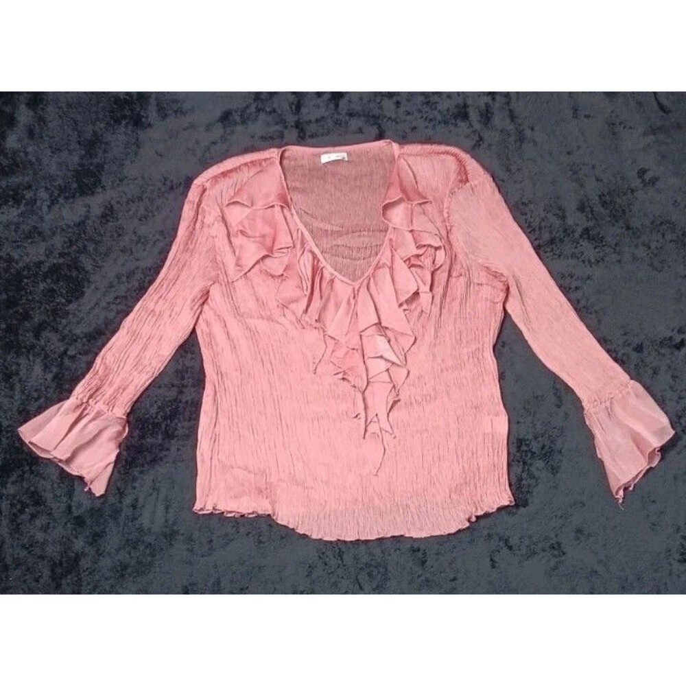 Jaipur Crinkle Crepe Flare Long Sleeve Ruffled Blouse XL Dusty Pink Coquette Y2K